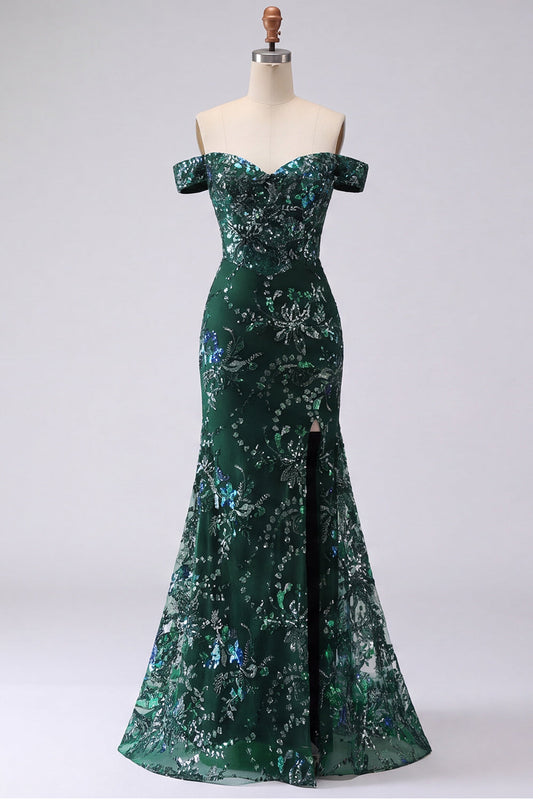 Robe de bal longue en sequins vert foncé avec épaules dénudées et motif sirène pailleté