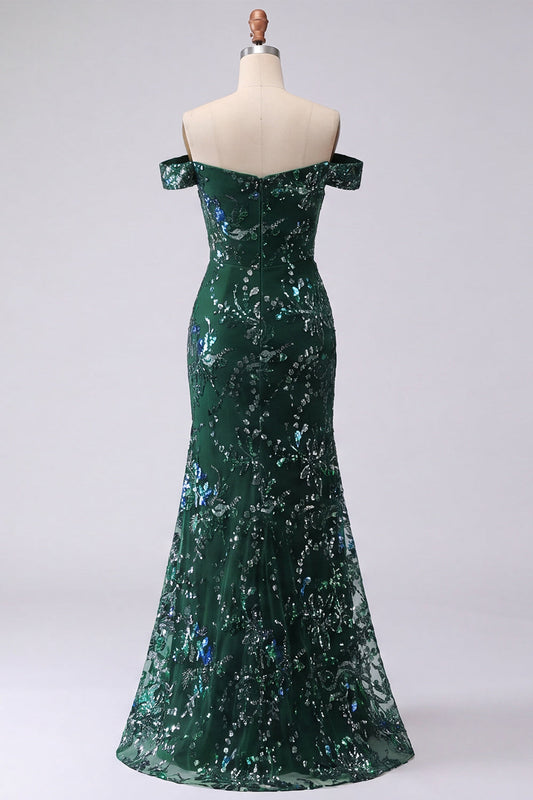 Robe de bal longue en sequins vert foncé avec épaules dénudées et motif sirène pailleté