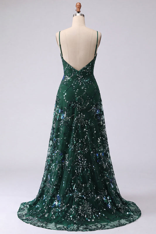 Robe de bal longue verte foncée, trapèze, à bretelles spaghetti, avec paillettes