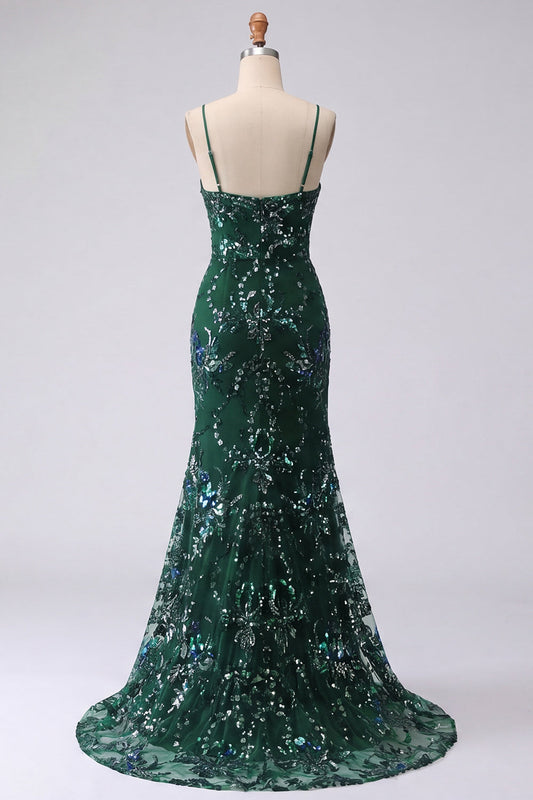 Robe longue de bal à fines bretelles et paillettes vert foncé scintillant de sirène avec fente