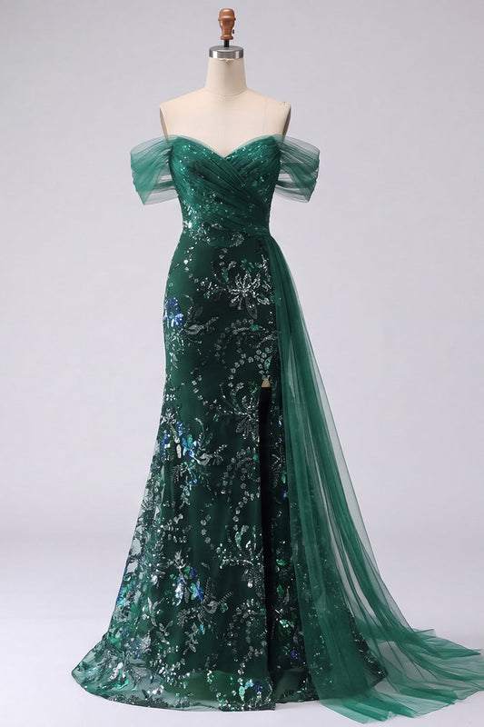 Robe de bal longue queue de sirène vert foncé à sequins, épaules dénudées et fendue