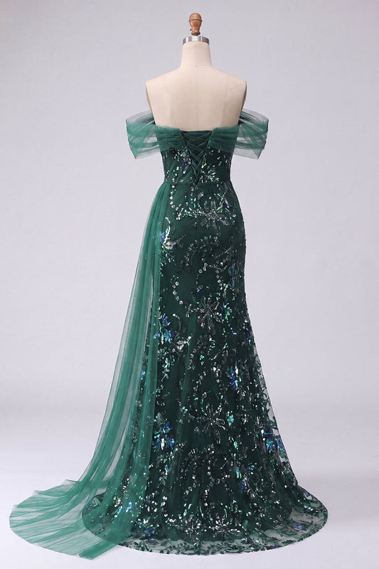 Robe de bal longue queue de sirène vert foncé à sequins, épaules dénudées et fendue