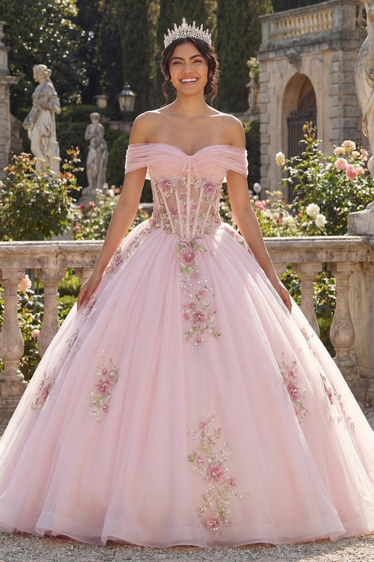 Robe de bal de Quinceañera rose à fleurs, corset et épaules dénudées