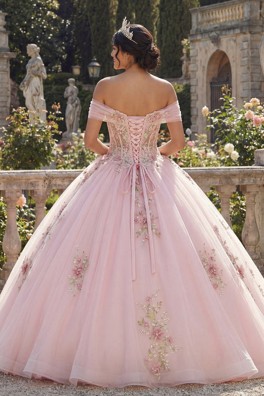 Robe de bal de Quinceañera rose à fleurs, corset et épaules dénudées