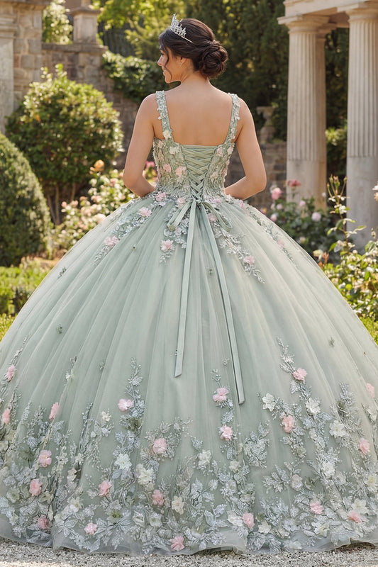 Square Neck Dusty Sage Floral Appliqued Quinceanera Dress
