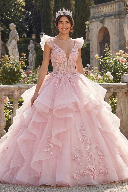 Robe de bal rose à volants et appliques, robe de Quinceañera avec fleurs 3D