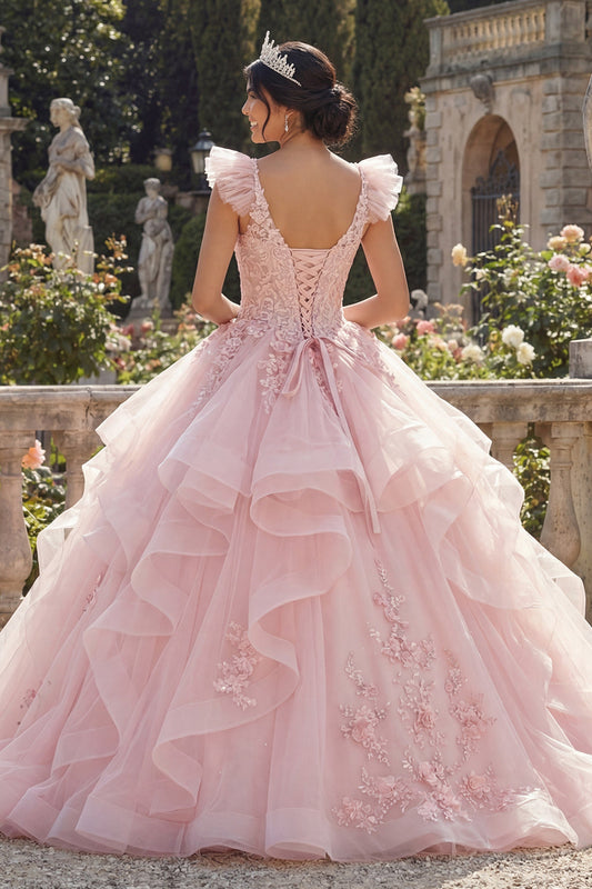 Robe de bal rose à volants et appliques, robe de Quinceañera avec fleurs 3D