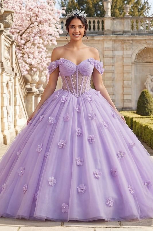 Robe de bal lilas épaules dénudées avec corset et fleurs 3D pour Quinceañera