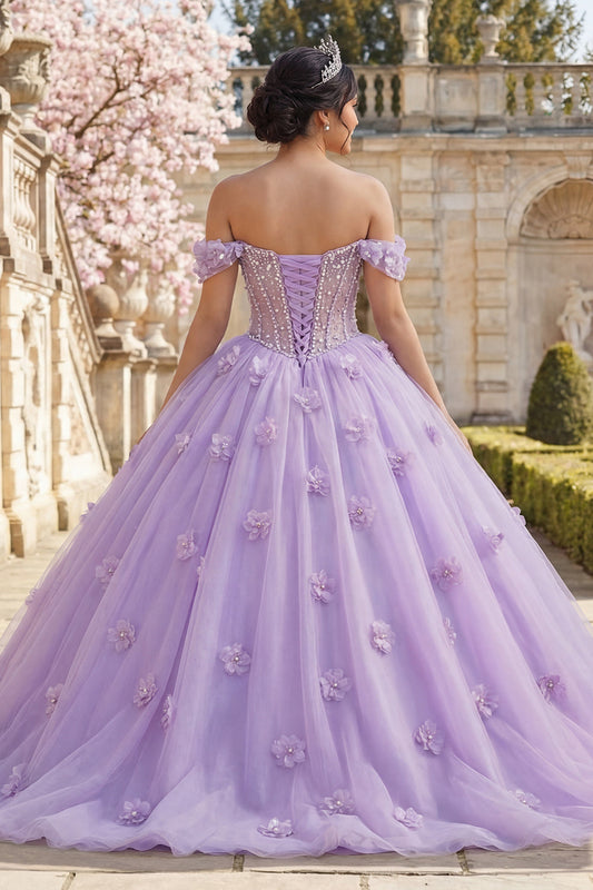 Robe de bal lilas épaules dénudées avec corset et fleurs 3D pour Quinceañera