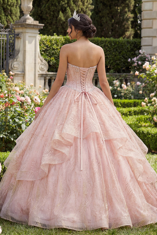 Strapless Ball Gown Beaded Ruffled Pink Quinceanera Dress