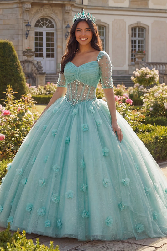 Light Green Ball Gown Half Sleeve Corset 3D Flower Quinceanera Dress