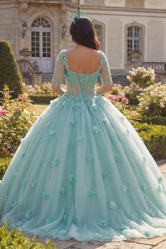 Light Green Ball Gown Half Sleeve Corset 3D Flower Quinceanera Dress