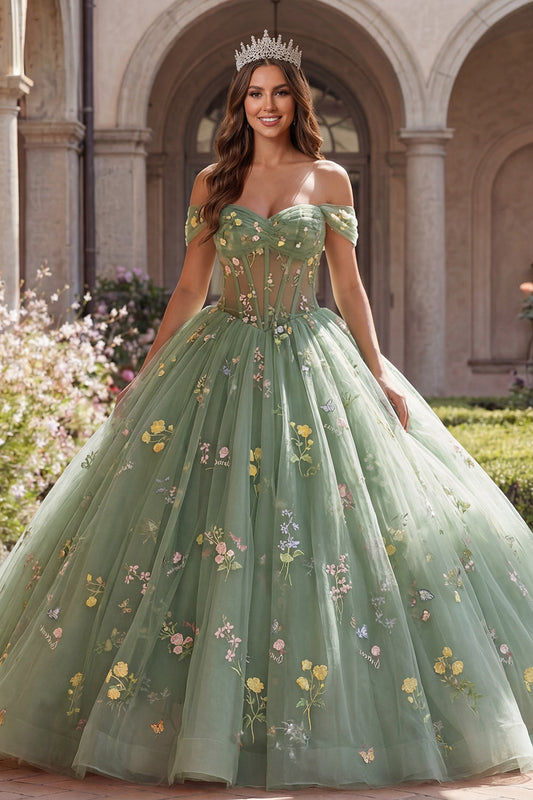 Robe de bal de quinceañera florale bustier vert, coupe corset