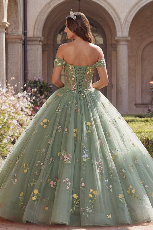 Robe de bal de quinceañera florale bustier vert, coupe corset
