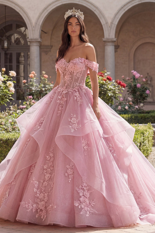 Robe de quinceañera rose à épaules dénudées, avec appliqués et volants