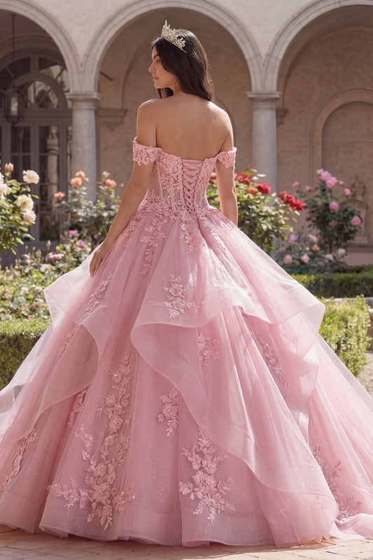 Robe de quinceañera rose à épaules dénudées, avec appliqués et volants