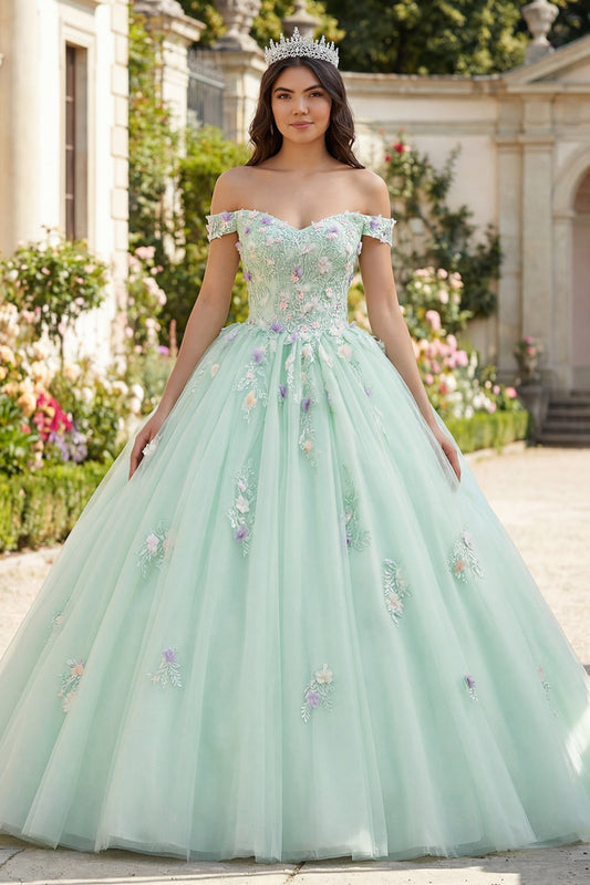 Robe de bal verte épaules dénudées avec fleurs 3D pour Quinceañera