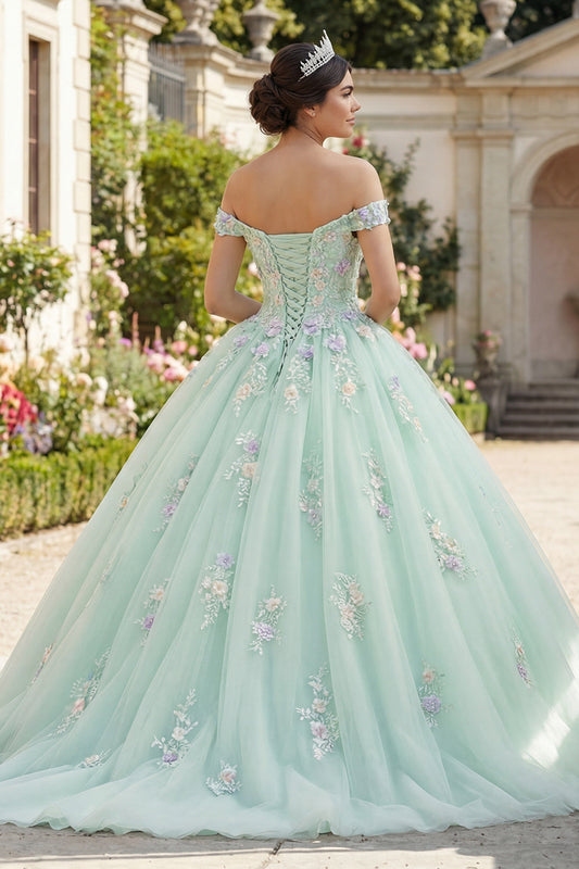 Robe de bal verte épaules dénudées avec fleurs 3D pour Quinceañera