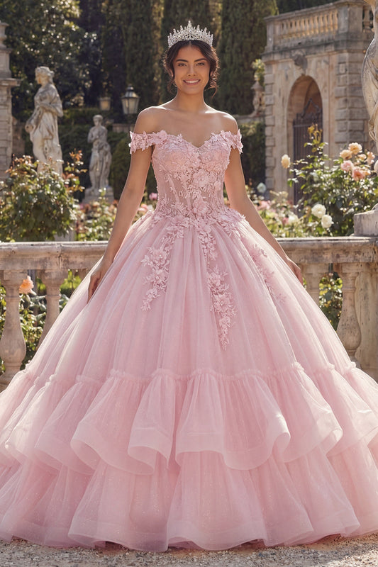 Pink Off The Shoulder Ball Gown Appliqued Tiered Quinceanera Dress