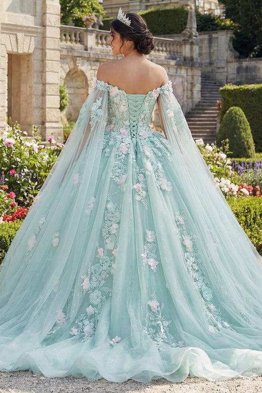 Robe de bal de quinceañera verte avec appliques, épaules dénudées et manches cape