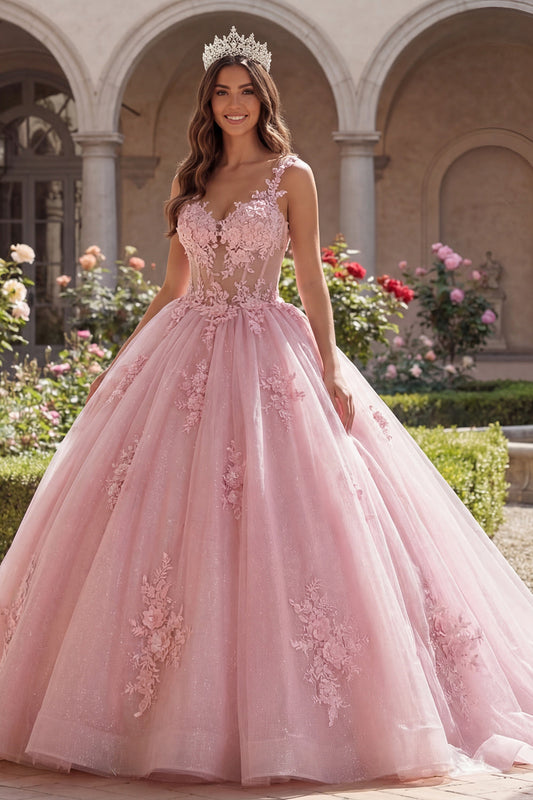 Robe de bal de Quinceanera en corset rose à bretelles spaghetti et appliques