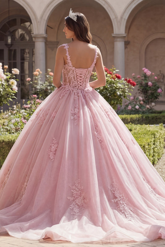 Robe de bal de Quinceanera en corset rose à bretelles spaghetti et appliques