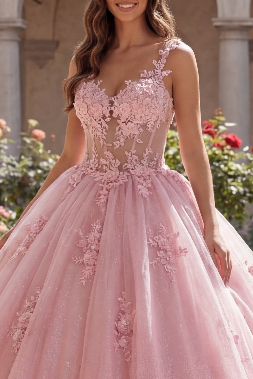 Pink Spaghetti Straps Corset Appliqued Ball Gown Quinceanera Dress