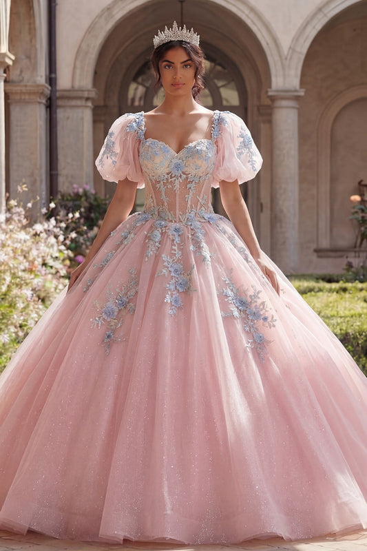 Robe de bal rose en corset appliqué avec manches bouffantes pour Quinceañera