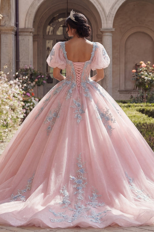 Robe de bal rose en corset appliqué avec manches bouffantes pour Quinceañera