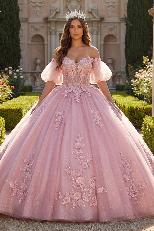 Pink Off the Shoulder Appliqued Ball Gown Quinceanera Dress with Puff Sleeves