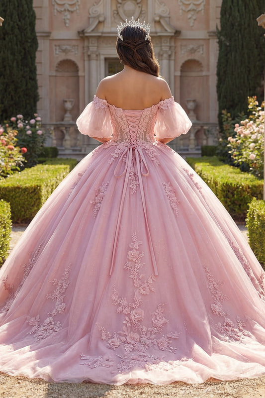 Pink Off the Shoulder Appliqued Ball Gown Quinceanera Dress with Puff Sleeves