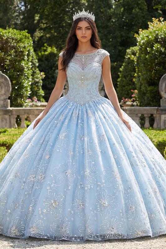 Sky Blue Beaded Ball Gown Illusion Neck Quinceanera Dress