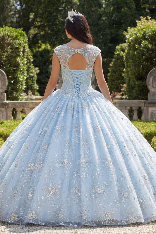 Sky Blue Beaded Ball Gown Illusion Neck Quinceanera Dress