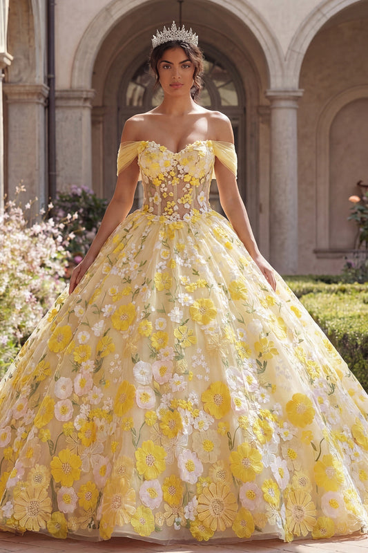 Ball Gown Yellow Off the Shoulder Corset Appliqued Quinceanera Dress
