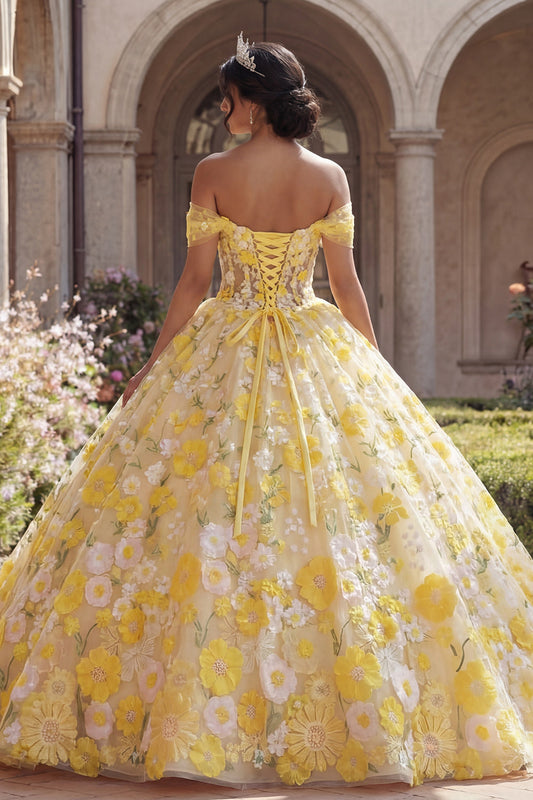 Ball Gown Yellow Off the Shoulder Corset Appliqued Quinceanera Dress