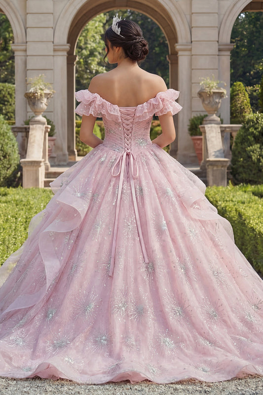 Off the Shoulder Pink Glitter Ruffled Ball Gown Quinceanera Dress