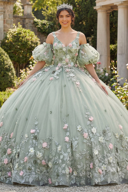 Sage Green Ball Gown 3D Flowers Princess Quinceanera Dress with Puff Sleeves