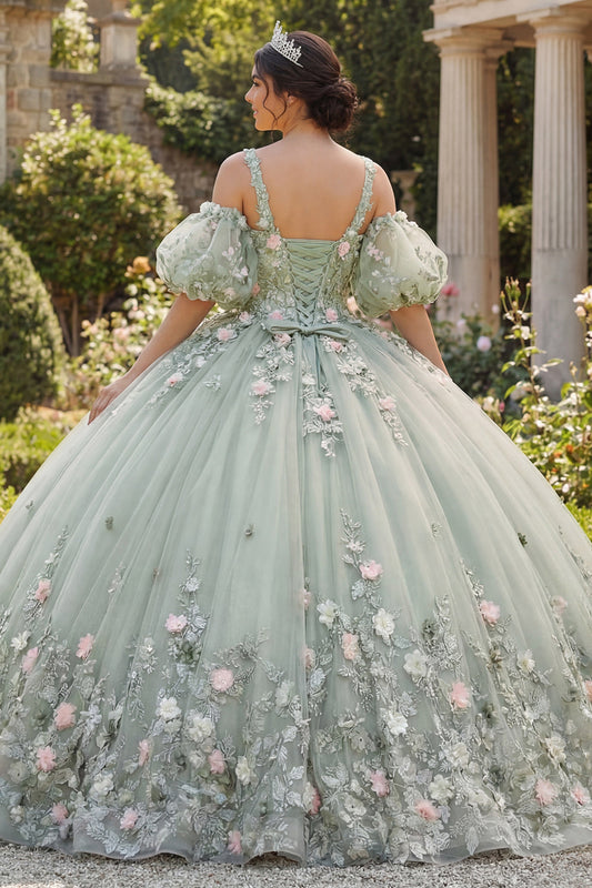 Sage Green Ball Gown 3D Flowers Princess Quinceanera Dress with Puff Sleeves