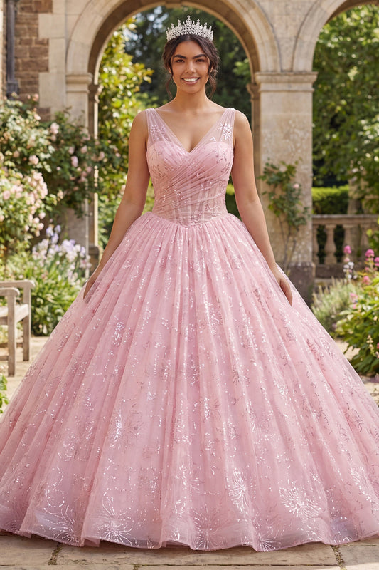 Glitter Pink Ball Gown Corset V Neck Quinceanera Dress