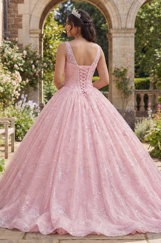 Glitter Pink Ball Gown Corset V Neck Quinceanera Dress
