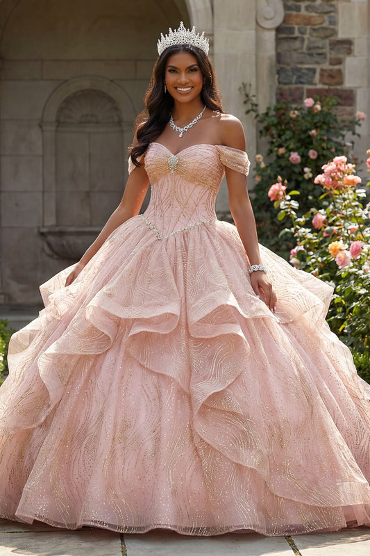 Robe de bal rose pailletée à épaules dénudées avec perles et volants pour Quinceañera