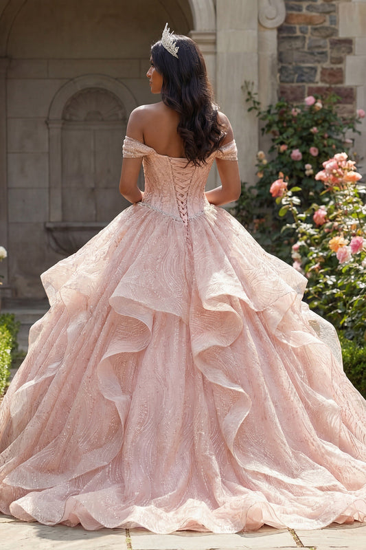 Robe de bal rose pailletée à épaules dénudées avec perles et volants pour Quinceañera