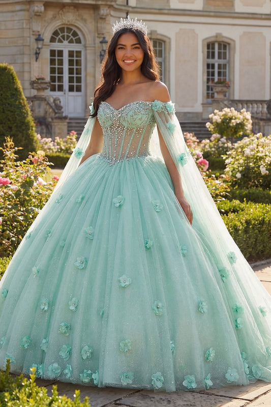 Robe de Quinceañera vert menthe à épaules dénudées, corsage, fleurs 3D et manches cape perlée