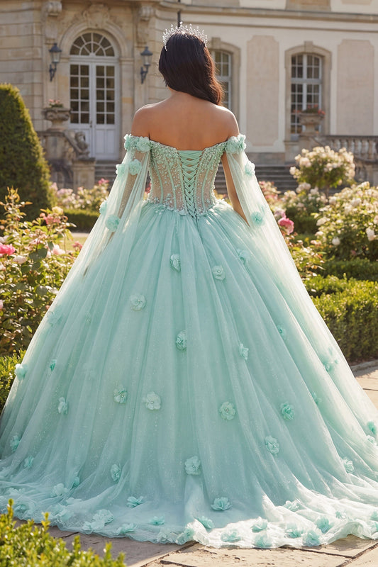 Robe de Quinceañera vert menthe à épaules dénudées, corsage, fleurs 3D et manches cape perlée