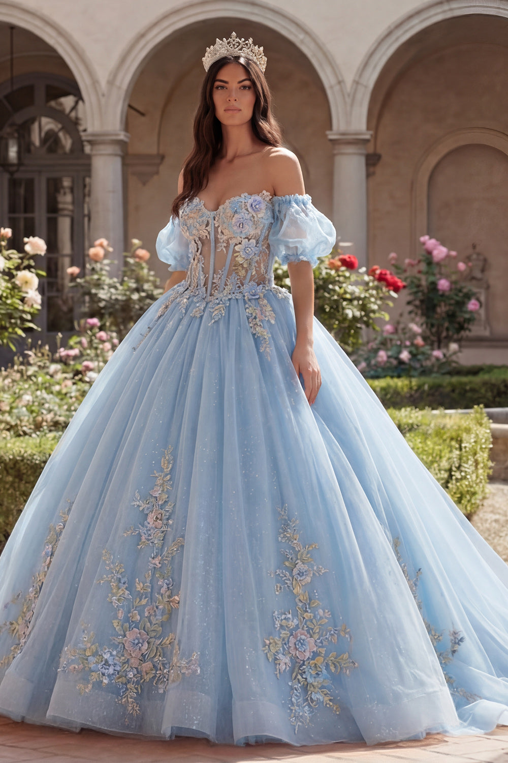 Robe de bal bleu ciel, épaules dénudées, corsage orné d'applications, robe de quinceañera avec manches bouffantes