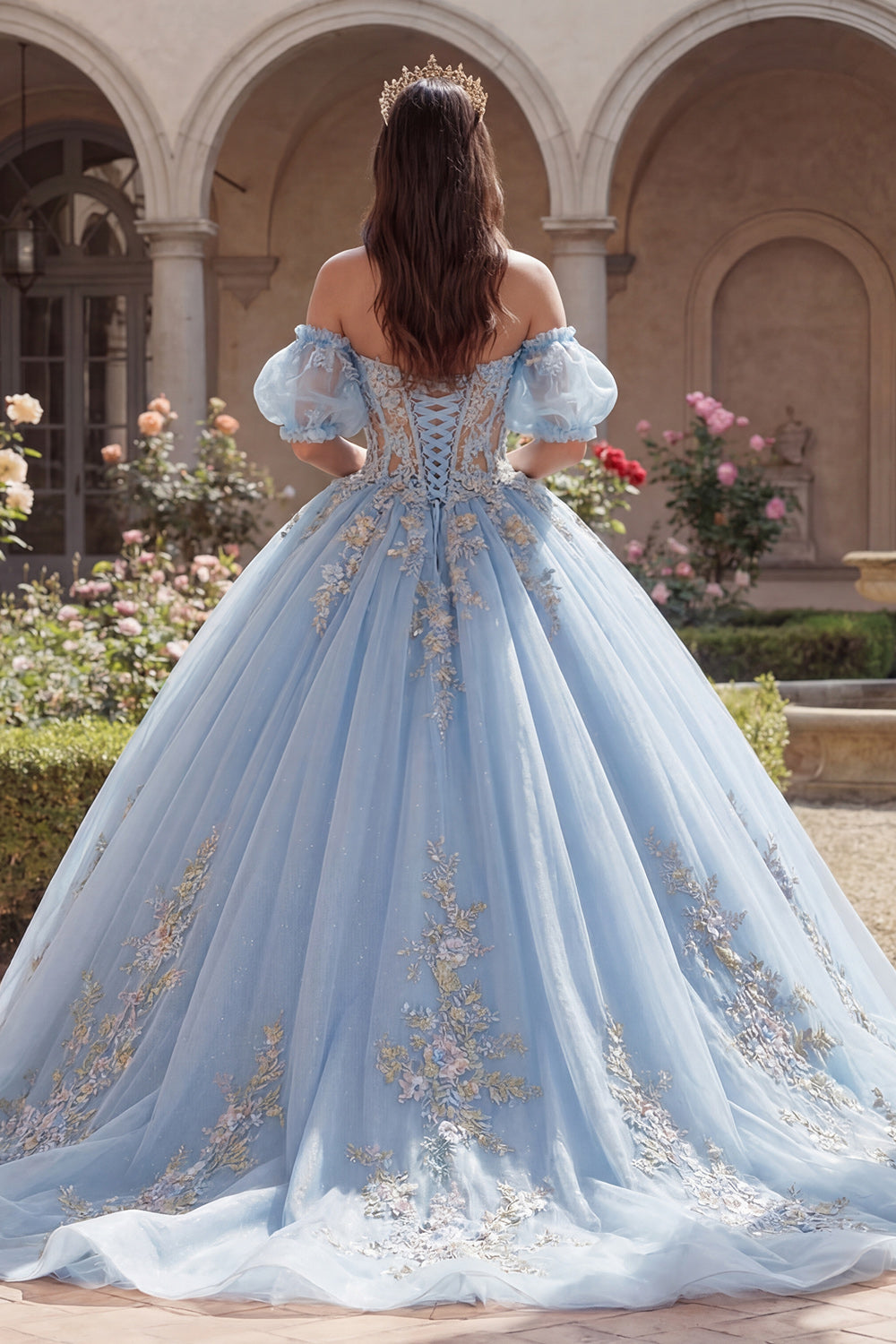 Robe de bal bleu ciel, épaules dénudées, corsage orné d'applications, robe de quinceañera avec manches bouffantes