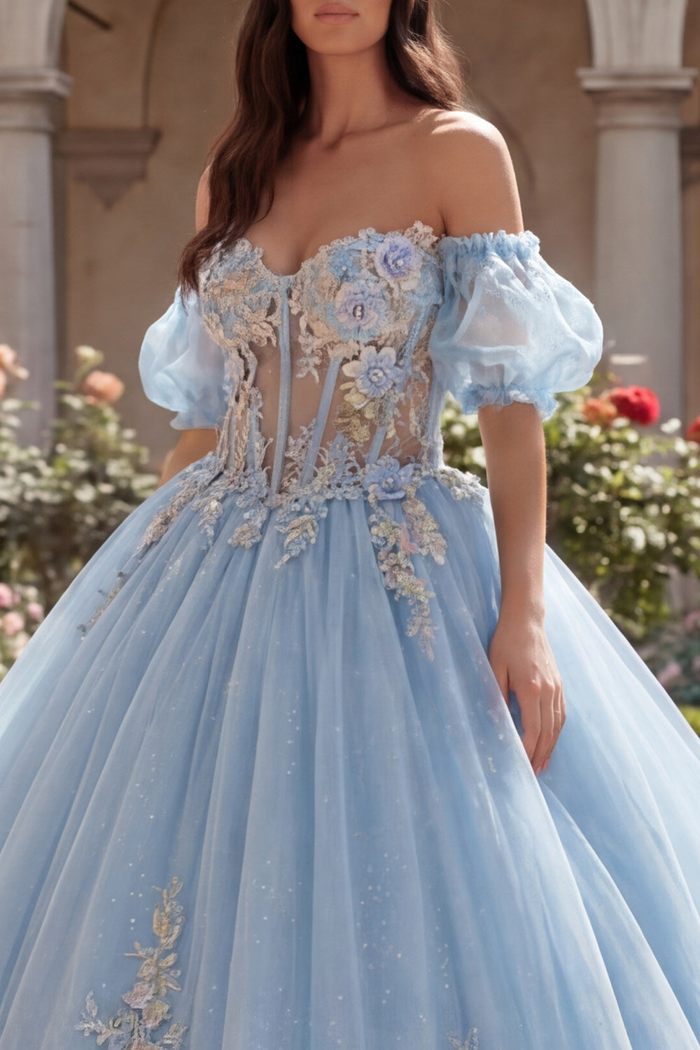 Robe de bal bleu ciel, épaules dénudées, corsage orné d'applications, robe de quinceañera avec manches bouffantes