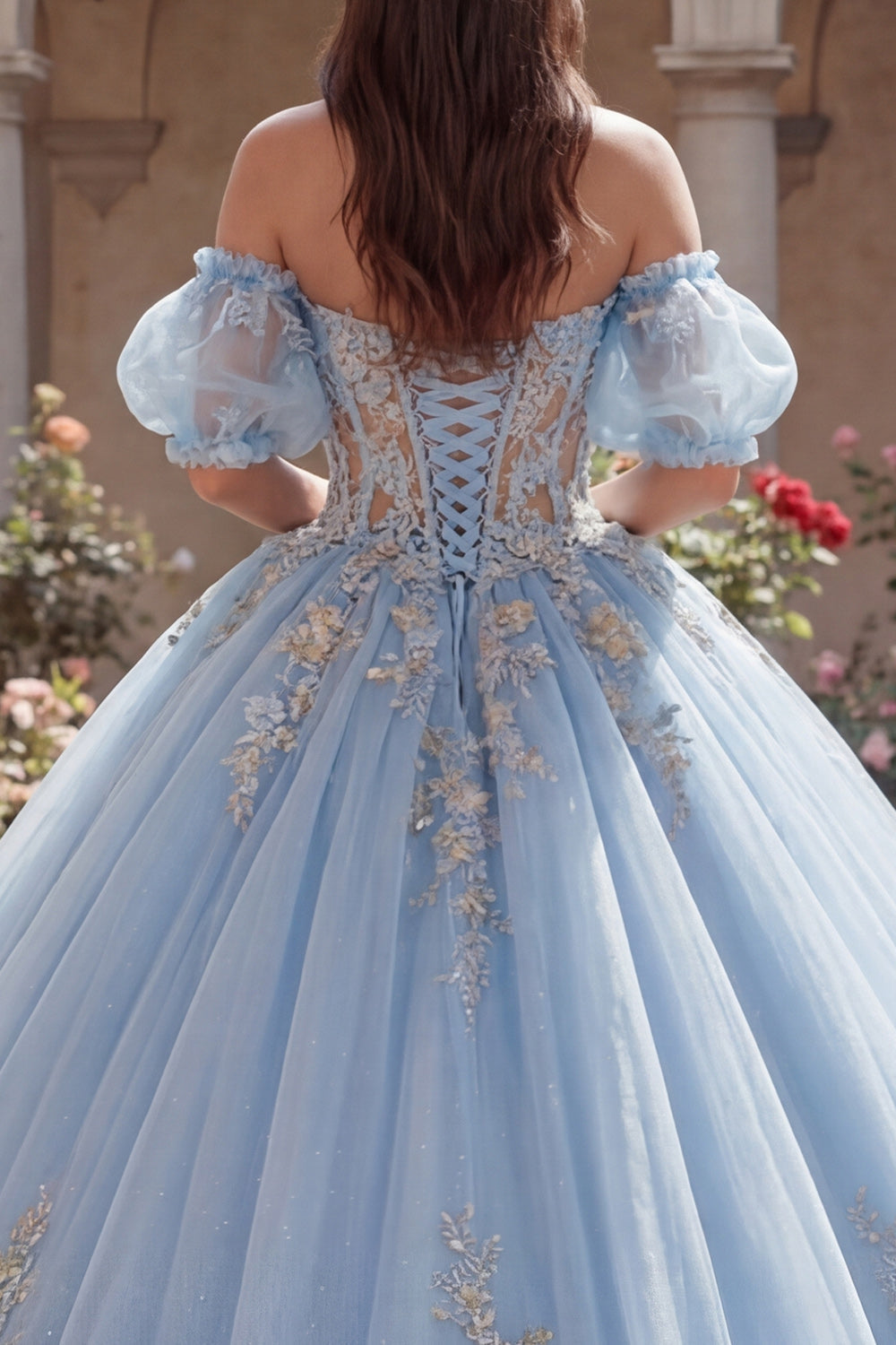 Robe de bal bleu ciel, épaules dénudées, corsage orné d'applications, robe de quinceañera avec manches bouffantes