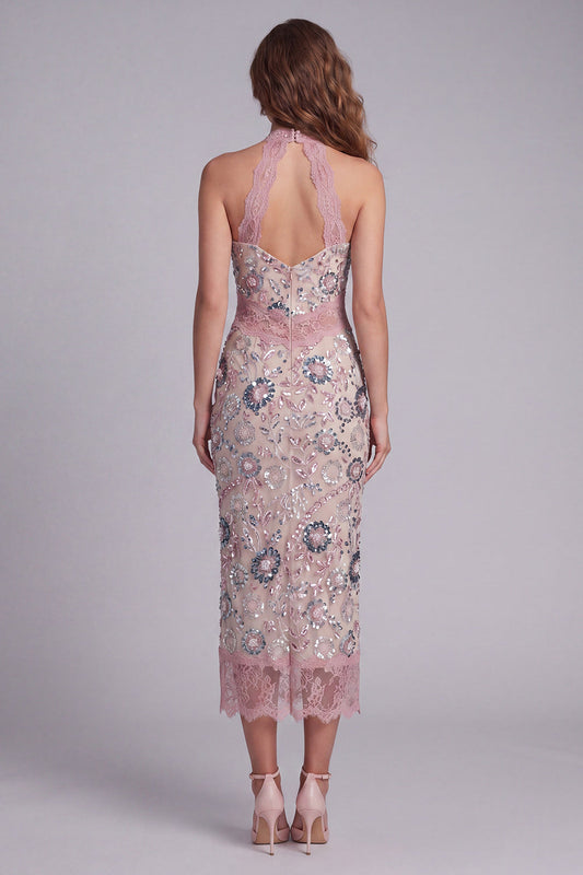 Robe longue fourreau habillée col nu perlé brillant à fleurs avec dentelle