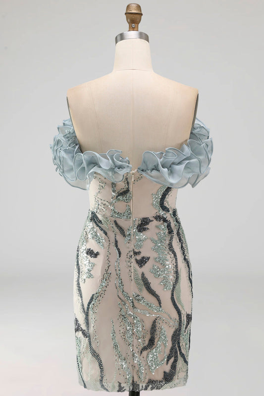 Sparkly Dusty Blue Strapless Beaded Tight Short Cocktail Dress with Ruffles